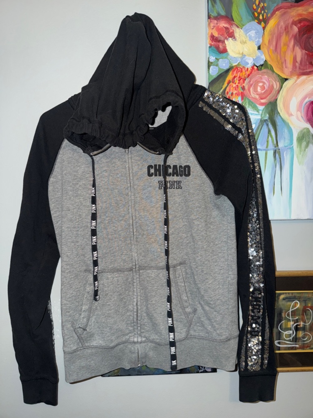 PINK Victoria's Secret Gray & Black Zip-Up Hoodie with Branded Drawstrings